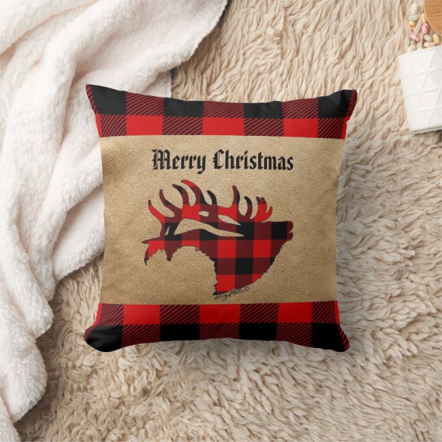Red & Black Plaid Bull Elk Christmas Throw Pillow (Blanket)