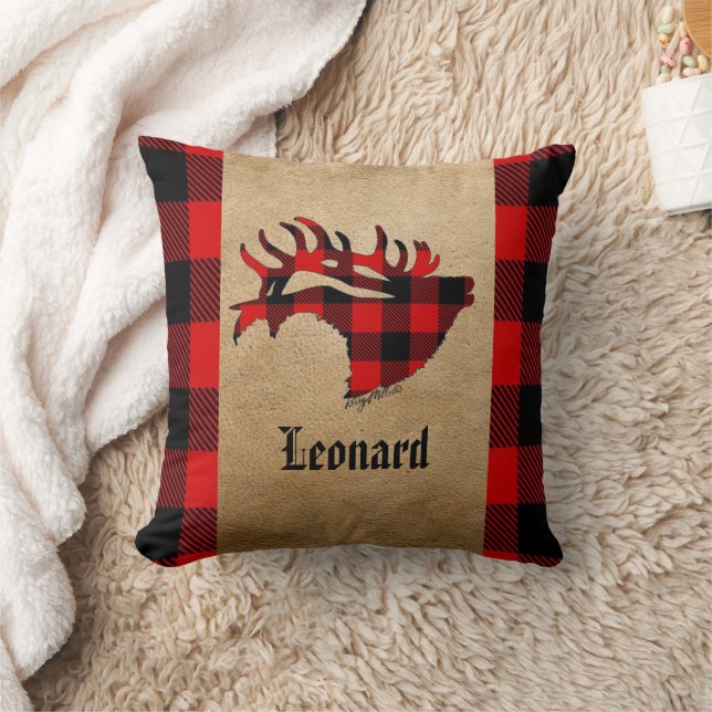 Red & Black Plaid Bull Elk Christmas Throw Pillow (Blanket)