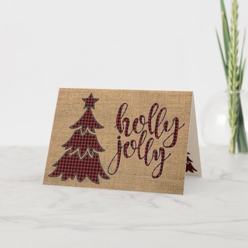 Red Black Plaid Burlap Holly Card with Tree