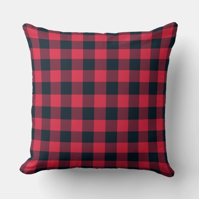 Red Black Plaid Checker Pattern Throw Pillow (Front)