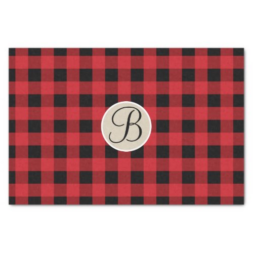 Red Black Plaid Checker Rustic Monogram Initial Tissue Paper