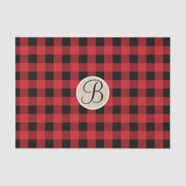 Red Black Plaid Checker Rustic Monogram Initial Tissue Paper (Front)
