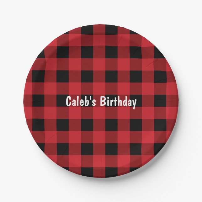Red & Black Plaid Checkered Birthday Paper Plates (Front)