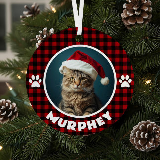 Red & Black Plaid Christmas Custom Pet Metal Ornament