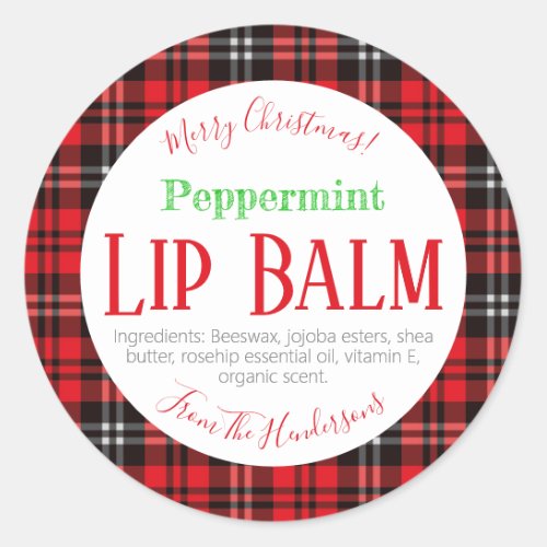 Red Black Plaid Christmas Peppermint Lip Balm Classic Round Sticker