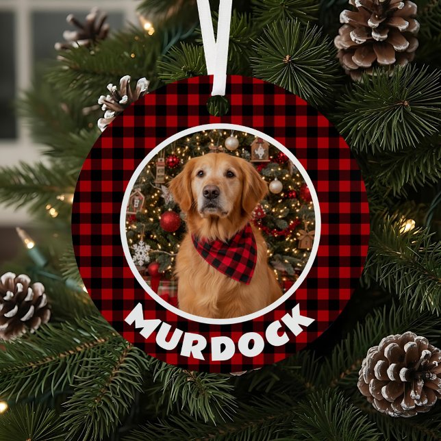 Red & Black Plaid Christmas Personalized Pet Metal Ornament (Creator Uploaded)