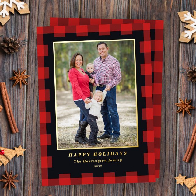 Red Black Plaid Christmas Photo Gold  Foil Holiday Card (Creator Uploaded)