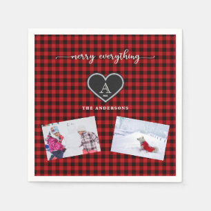 Red Black Plaid Christmas Quote Monogram Photo Napkins