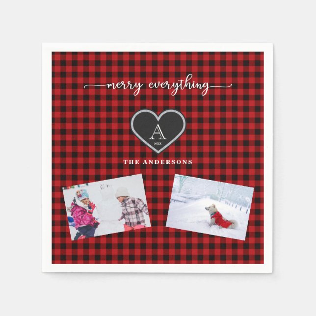 Red Black Plaid Christmas Quote Monogram Photo Napkins (Front)