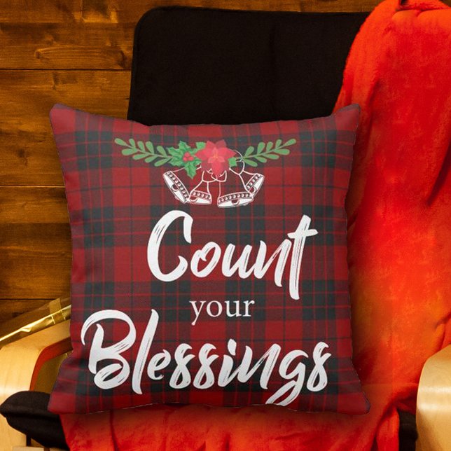 Red Black Plaid | Count Your Blessings | Christmas Throw Pillow (Creator Uploaded)