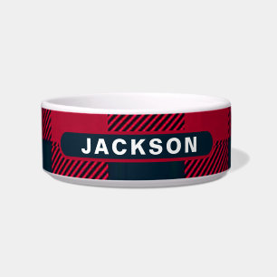 Red & Black Plaid Custom Dog Name Bowl