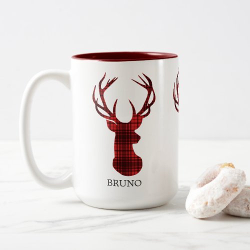 Red  Black plaid deer head monogram Two_Tone Coffee Mug