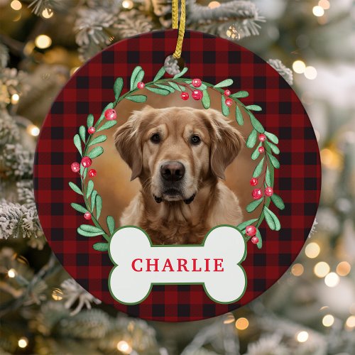 Red &Amp;Amp; Black Plaid Dog Photo Christmas Wreath Ceramic Ornament