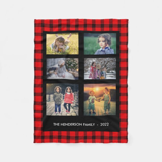Red black plaid family monogram photo collage fleece blanket (Front)