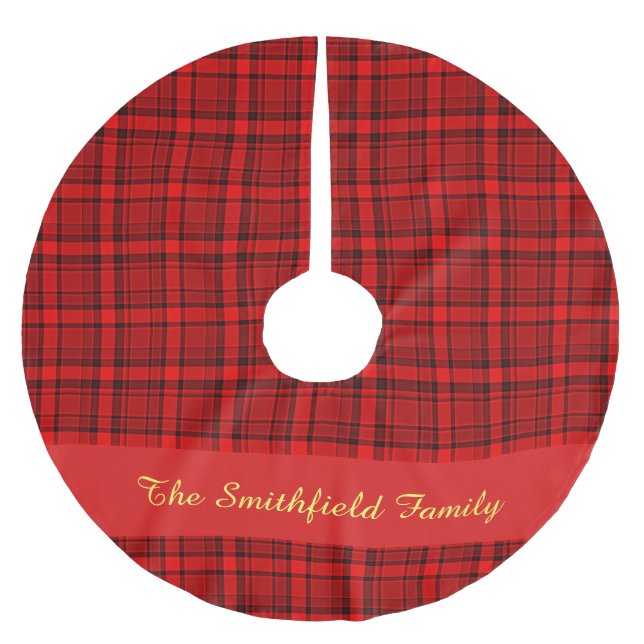 Red Black Plaid Family Name Custom Christmas Brushed Polyester Tree Skirt (Front)
