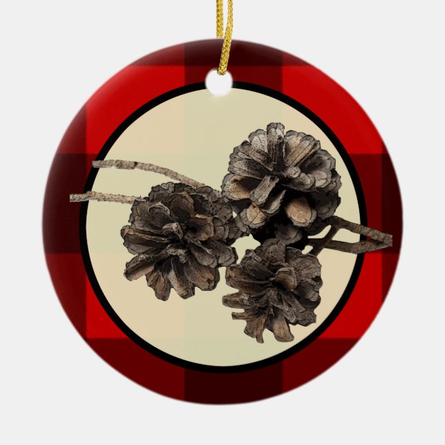 Red & Black Plaid Flannel & Pinecones Christmas Ceramic Ornament (Front)