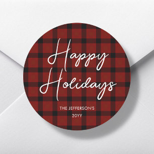 Red & Black Plaid Happy Holidays    Classic Round Sticker