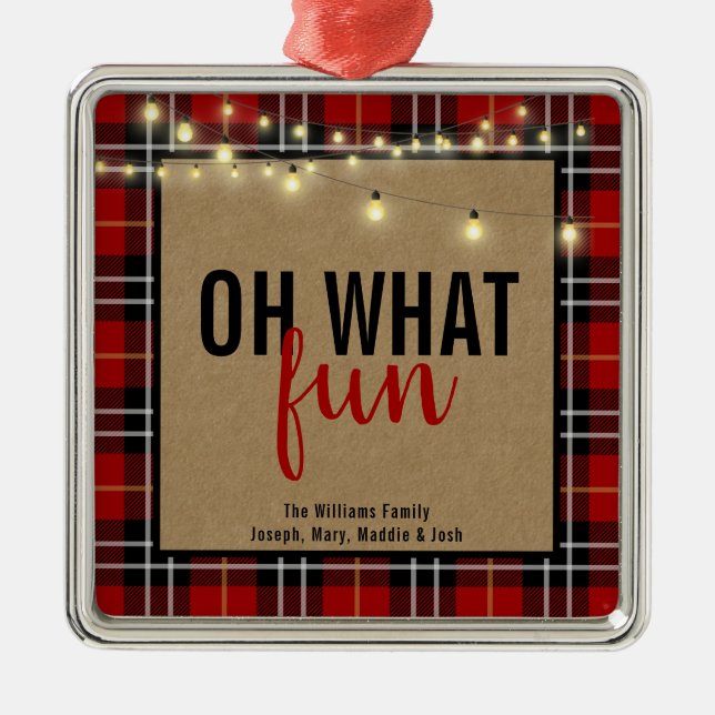 Red/Black  Plaid & Kraft Typography Christmas Metal Ornament (Front)