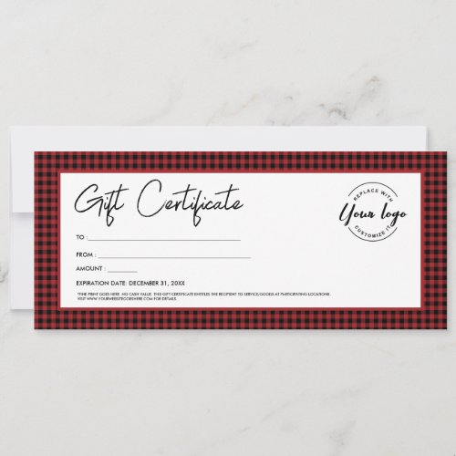 Red Black plaid logo Holiday gift certificate Invitation