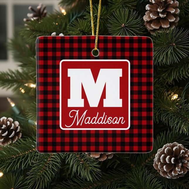 Red & Black Plaid Monogram Name Christmas  Ceramic Ornament (Creator Uploaded)