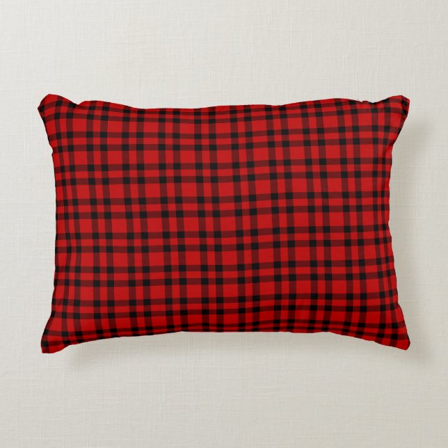 Red Black Plaid Pattern Accent Pillow (Front)