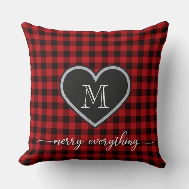Red Black Plaid Pattern Christmas Heart Monogram Throw Pillow (Front)