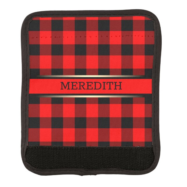 Red & Black Plaid Pattern Name Modern Eyecatching  Luggage Handle Wrap (Front)