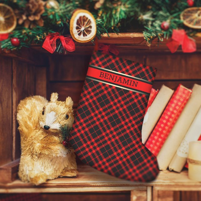 Red & Black Plaid Pattern Name Modern Personalized Small Christmas Stocking (Creator Uploaded)