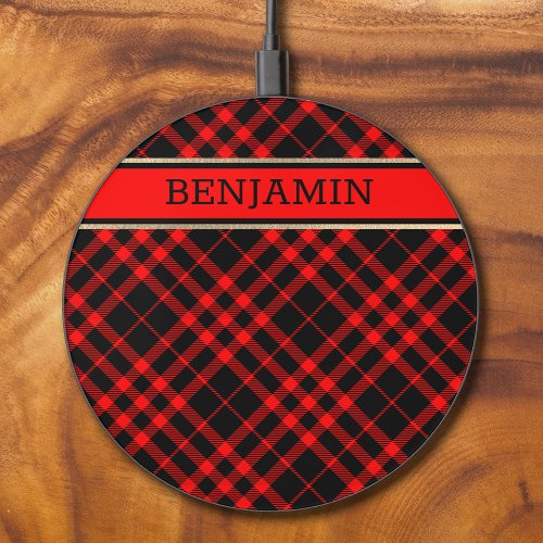 Red  Black Plaid Pattern Name Modern Personalized Wireless Charger