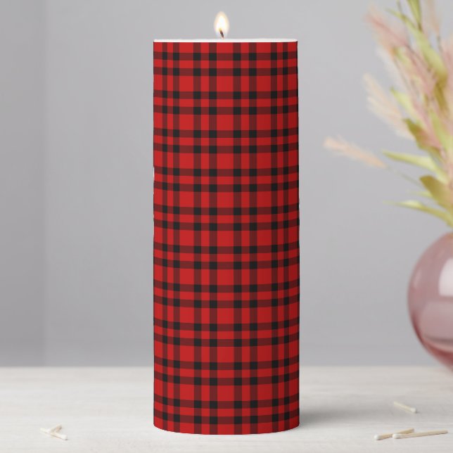Red Black Plaid Pattern Pillar Candle (In Situ)