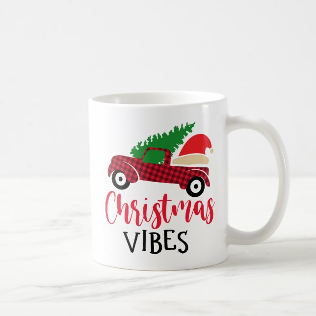 Red Black Plaid Pattern Rustic Christmas Truck  Coffee Mug (Right)