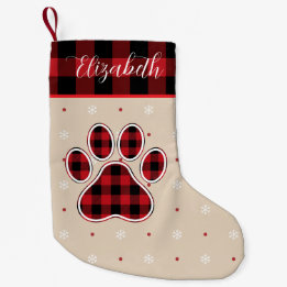 Red Black Plaid Paw Print Personalized Pet Small Christmas Stocking