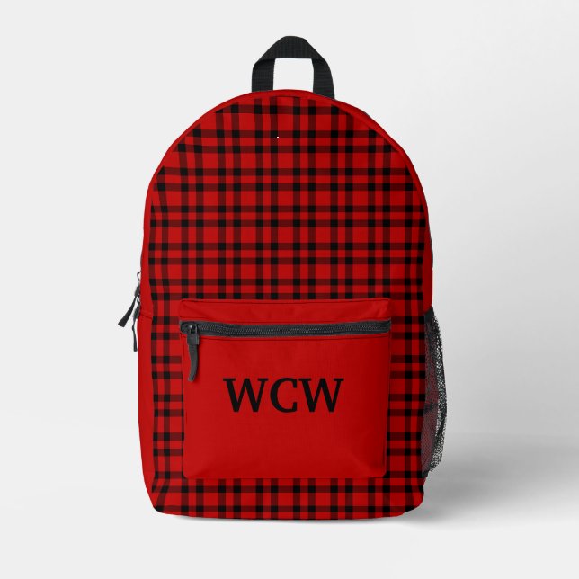Red Black Plaid Personalize Pattern Printed Backpack (Front)