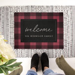 Red & Black Plaid Personalized Welcome Doormat<br><div class="desc">Add a farmhouse style touch to your entryway with this rustic buffalo plaid patterned doormat in classic cranberry red and black. "Welcome" appears in the center in casual handwritten script lettering; personalize with your family name beneath.</div>
