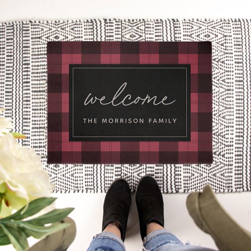 Red  Black Plaid Personalized Welcome Doormat