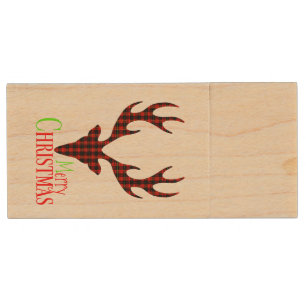 Red Black Plaid Reindeer Christmas USB Memory Card