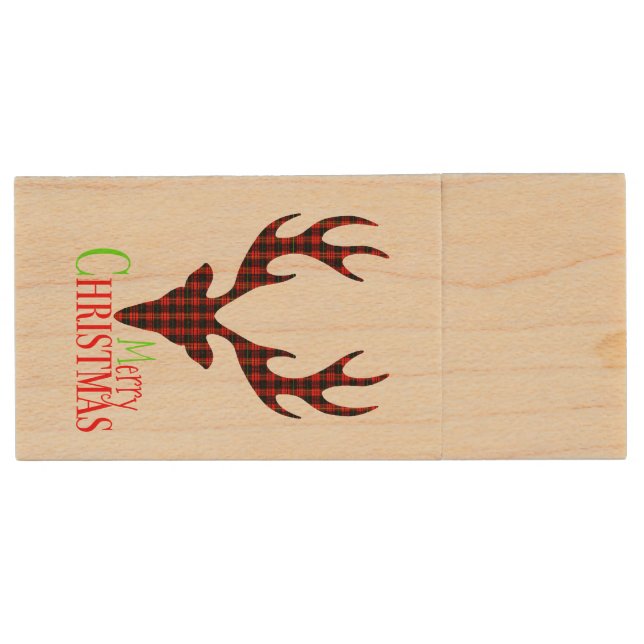 Red Black Plaid Reindeer Christmas USB Memory Card (Front)