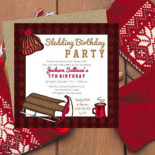 Red Black Plaid Sledding Birthday Party Invitation