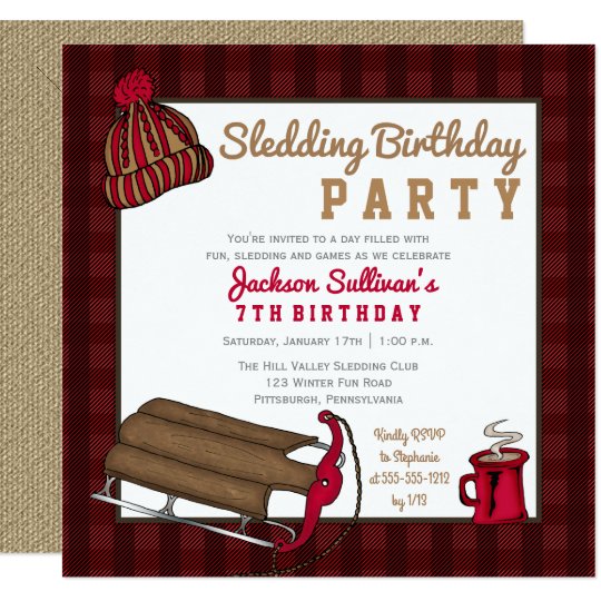 Red Black Plaid Sledding Birthday Party Invitation Zazzle Com