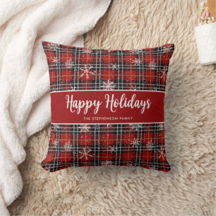 Red Black Plaid Snowflakes Happy Holidays Name Throw Pillow