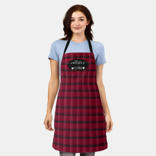 Red Black Plaid Tartan Pattern Monogram Kitchen Apron