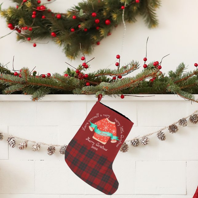 Red Black Plaid Ugly Sweater Cute Merry Christmas Large Christmas Stocking (Red Black Plaid Ugly Sweater Cute Merry Christmas Large Christmas Stocking)