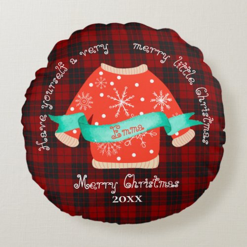Red Black Plaid Ugly Sweater Cute Merry Christmas Round Pillow