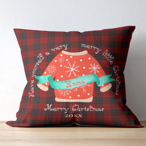 Red Black Plaid Ugly Sweater Cute Merry Christmas Throw Pillow
