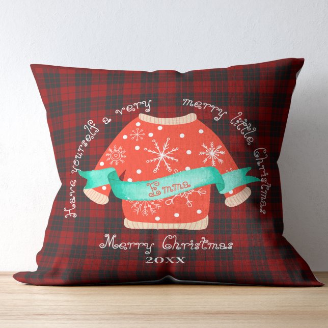 Red Black Plaid Ugly Sweater Cute Merry Christmas Throw Pillow (Red Black Plaid Ugly Sweater Cute Merry Christmas Throw Pillow)