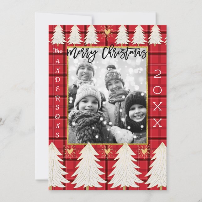 Red Black Plaid & White Trees Rustic Holiday Photo (Front)