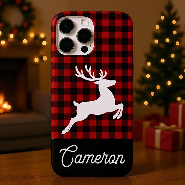 Red & Black Plaid with Reindeer Custom Name Case-Mate iPhone Case (Creator Uploaded)