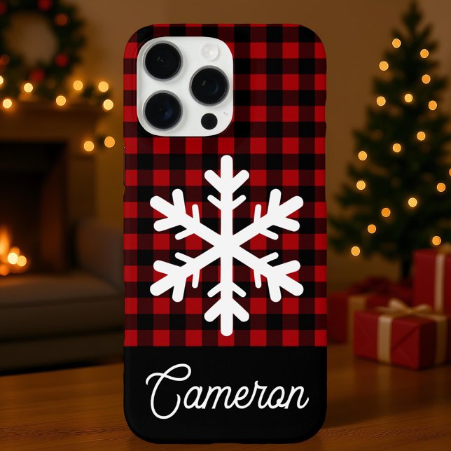 Red & Black Plaid with Snowflake Custom Name Case-Mate iPhone Case (Creator Uploaded)