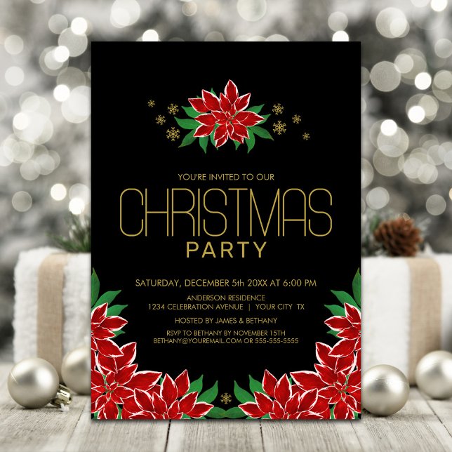 Red Black Poinsettia Christmas Party Invitation (Creator Uploaded)