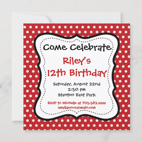 Red Black Polka Dots Birthday Party Invitations